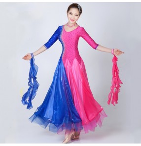 Hot pink royal blue yellow violet patchwork rhinestones rainbow colored middle long sleeves women's competition performance professional long length ballroom tango waltz flamenco dance dresses outfits